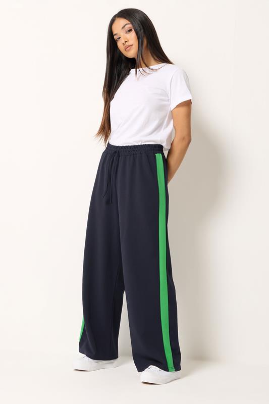  M&Co Petite Navy Blue & Green Side Stripe Trousers