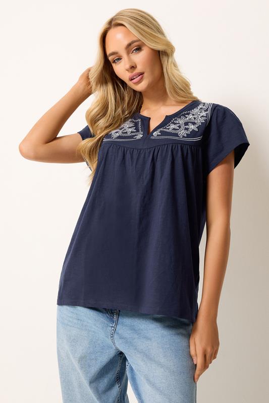  M&Co Navy Blue Embroidered Cotton Notch Neck Top