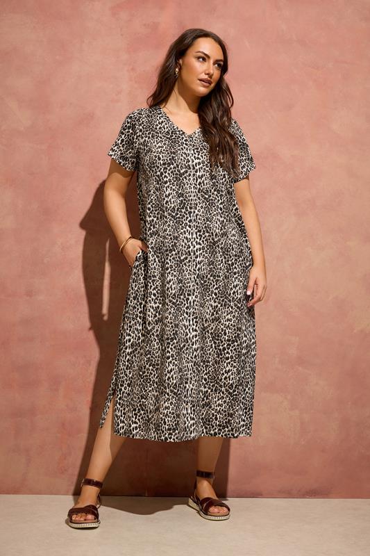 EVANS Plus Size Natural Brown Leopard Print Cotton Dress | Evans  1