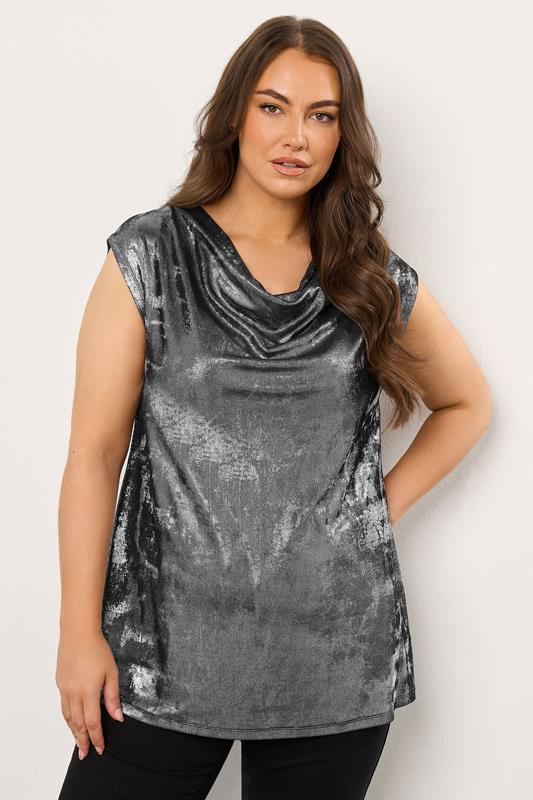  EVANS Curve Silver Cowl Neck Top