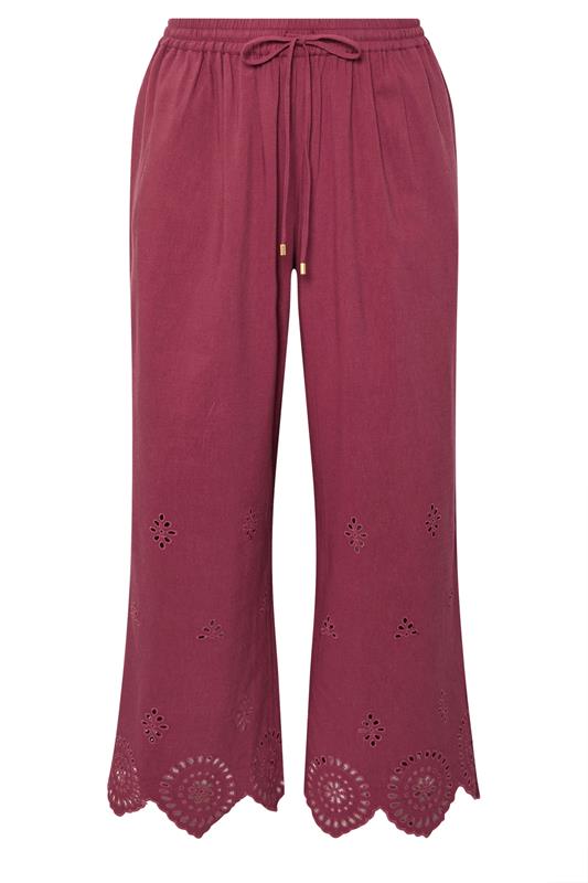 EVANS Plus Size Burgundy Red Broderie Hem Linen Trousers | Evans 6