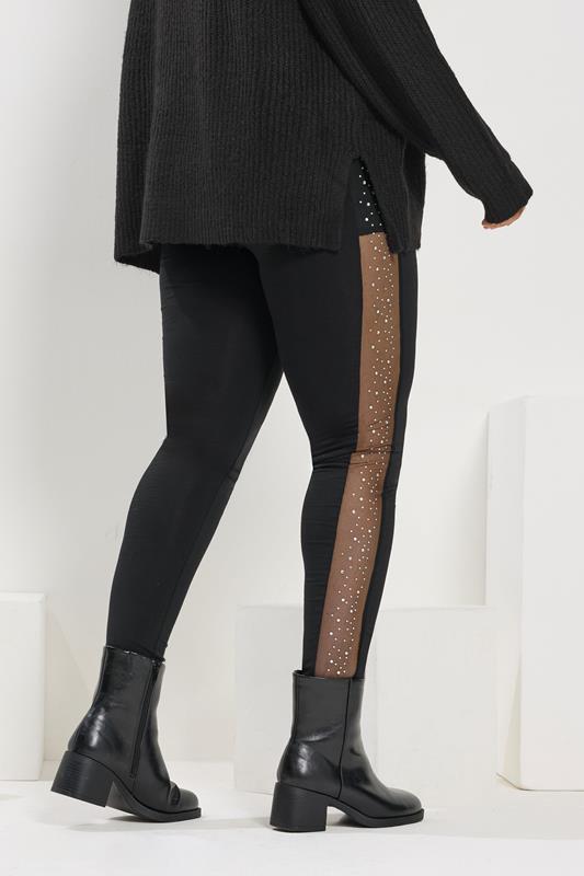 YOURS Plus Size Black Diamante Mesh Side Stripe Leggings | Yours Clothing 2
