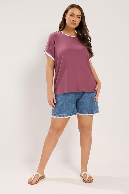 YOURS Plus Size Pink Contrast Trim Ringer T-Shirt | Yours Clothing 1