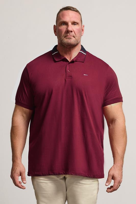 BadRhino Big & Tall Burgundy Red Stripe Detail Jacquard Collar Polo Shirt
