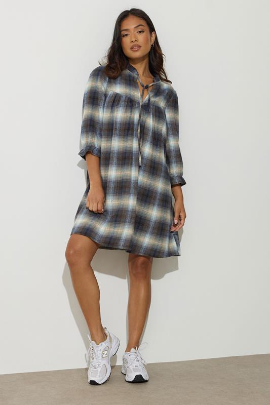 PixieGirl Petite Women's Blue Brushed Check Tie Smock Dress | PixieGirl 1