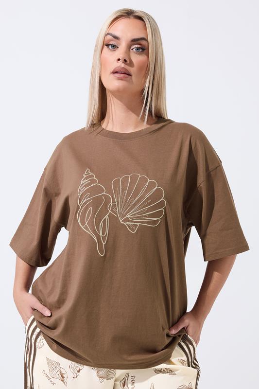 LIMITED COLLECTION Curve Brown Embroidered Shell Longline T-Shirt