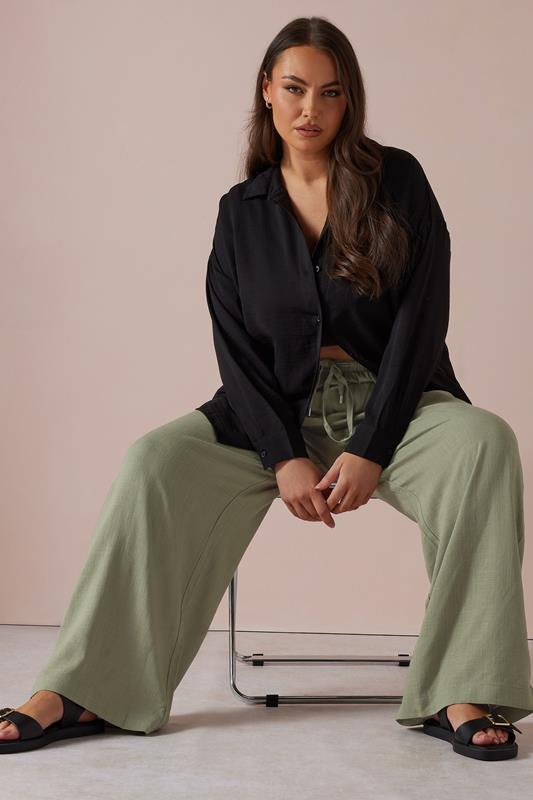 YOURS Plus Size Olive Green Linen Tie Front Trousers | Yours Clothing 5