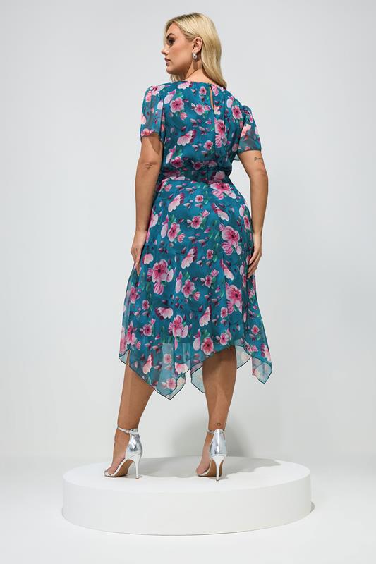 YOURS LONDON Plus Size Teal Blue Floral Ruffle Hem Dress | Yours Clothing 2