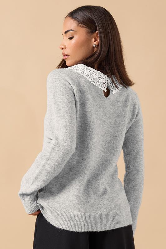 PixieGirl Petite Women's Grey Lace Collar Bow Jumper | PixieGirl 2