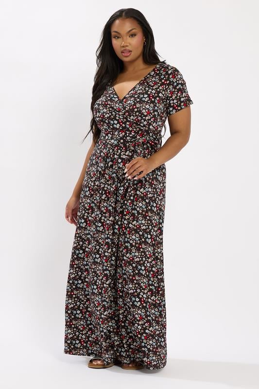 YOURS Curve Black Ditsy Floral Maxi Wrap Dress