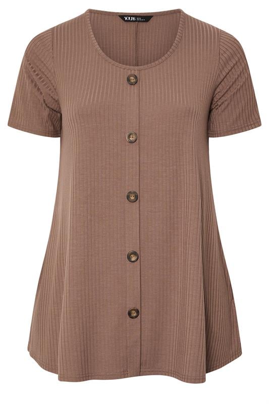 YOURS Plus Size Mocha Brown Button Front Ribbed Swing Top | Yours Clothing 5