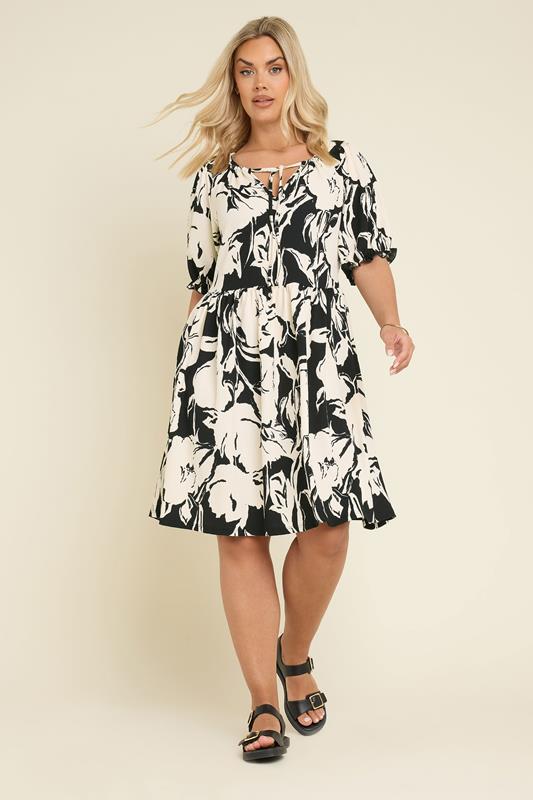 YOURS Plus Size Black Abstract Print Tie Neck Mini Dress | Yours Clothing 1