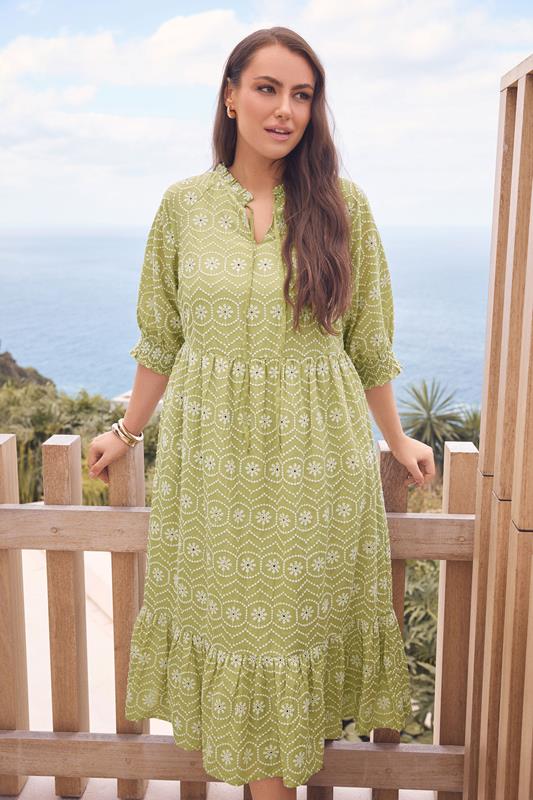 EVANS Curve Green Tie Neck Broderie Cotton Maxi Dress