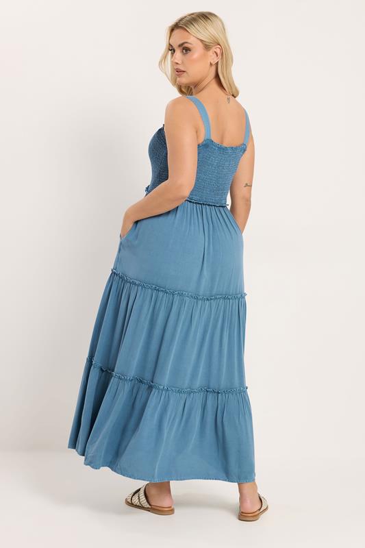 YOURS Plus Size Blue Shirred Strappy Chambray Maxi Dress | Yours Clothing 4