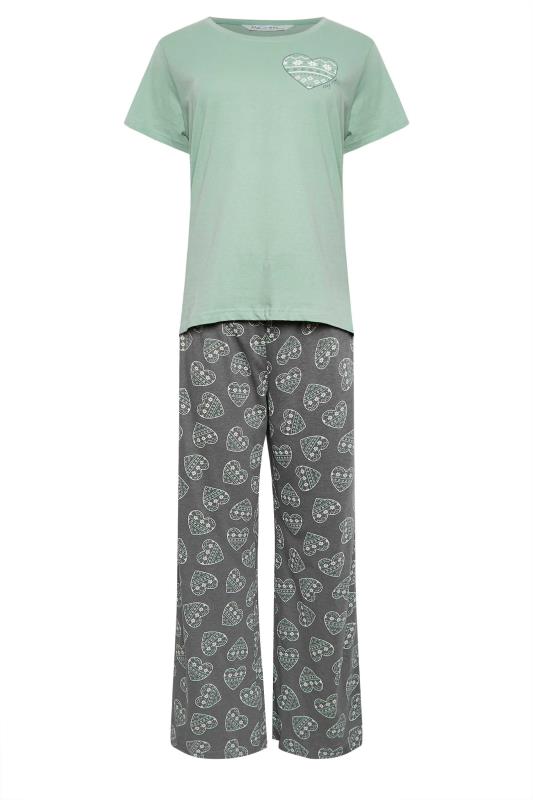 M&Co Green & Grey Cotton Fairisle Heart Print Wide Leg Pyjama Set | M&Co 4