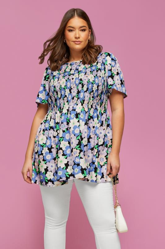 YOURS Plus Size Blue Floral Print Shirred Top | Yours Clothing 5