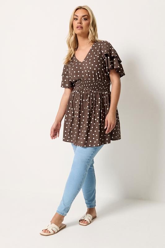 YOURS Plus Size Chocolate Brown Polka Dot Flutter Sleeve Top | Yours Clothing 1