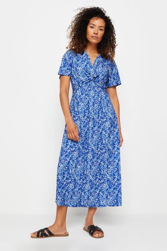M&Co Blue Floral Print Twist Front Short Sleeve Dress | M&Co 1