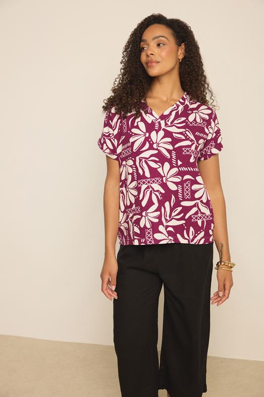  M&Co Berry Purple Floral Print Linen Top