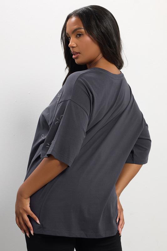 YOURS Plus Size Grey Embellished Bow Oversized T-Shirt | Yours Clothing 4
