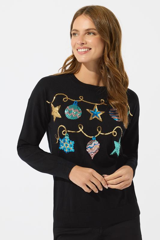 M&Co Black Sequin Embellished Baubles Christmas Jumper | M&Co 1