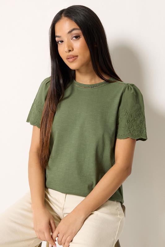  M&Co Petite Khaki Green Embroidered Sleeve Cotton T-Shirt
