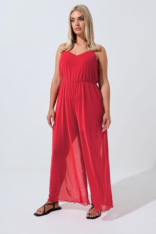 LIMITED COLLECTION Plus Size Red Mesh Jumpsuit | Yours Clothing 1