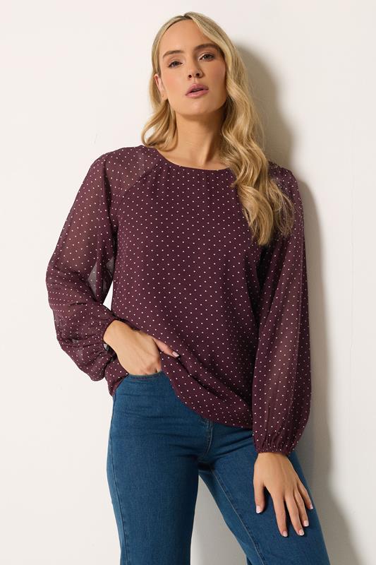 LTS Tall Red Polka Dot Long Sleeve Blouse