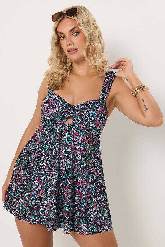 YOURS Plus Size Black Aztec Print Swim Dress | Yours Clothing 1