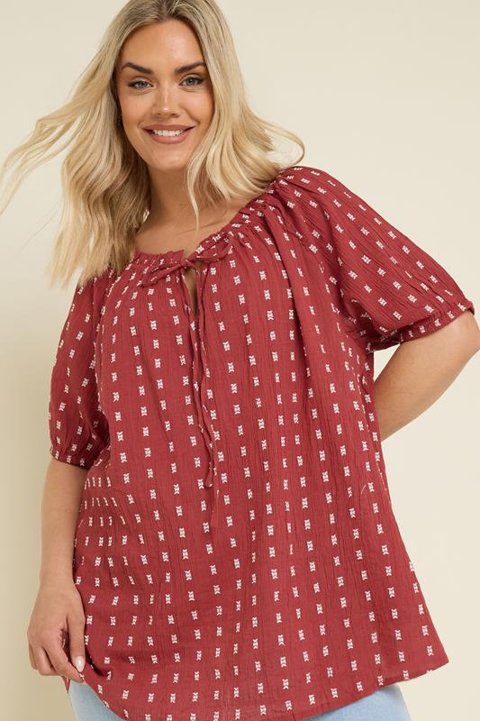YOURS Plus Size Rust Orange Dobby Tie Neck Top | Yours Clothing 1