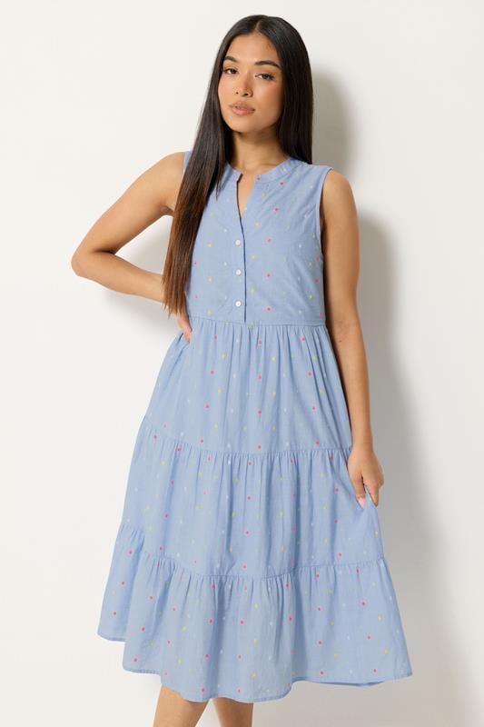  M&Co Petite Light Blue Dobby Tiered Cotton Midi Dress