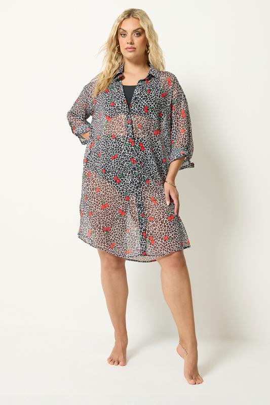 YOURS Plus Size Black Leopard Cherry Cover Up | Yours Clothing 1