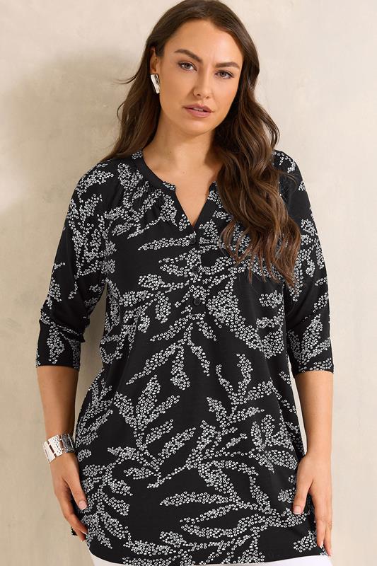 EVANS Plus Size Black Leaf Print Jersey Top | Evans  1