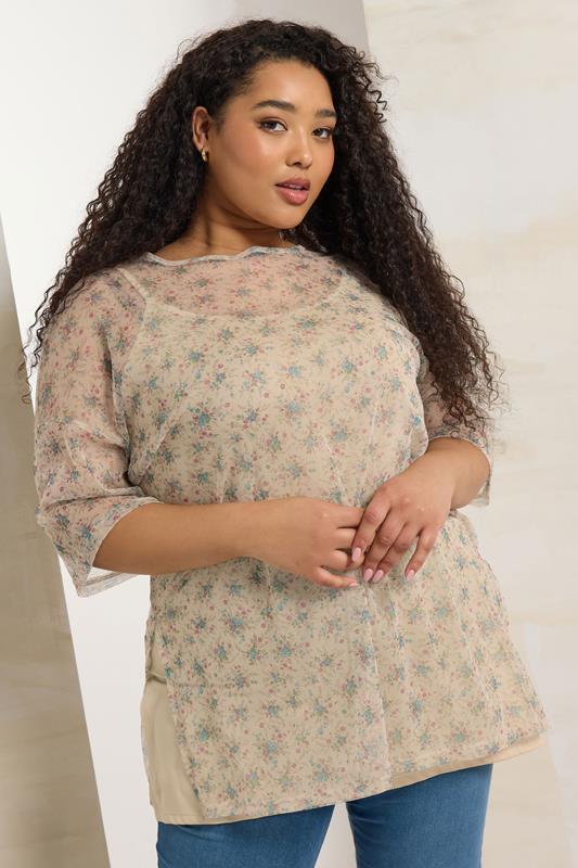 YOURS Curve Natural Brown & Blue Floral Oversized Mesh Top