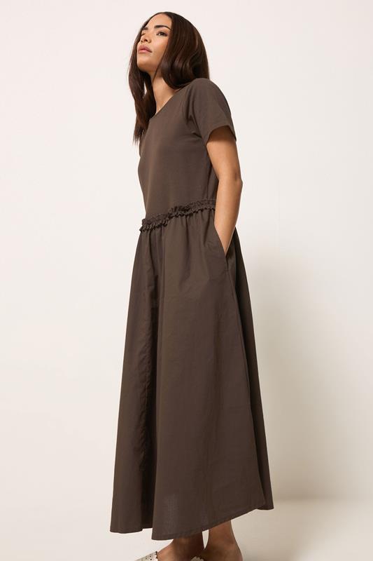 PixieGirl Petite Women's Chocolate Brown Mixed Ruffle Cotton Midi Dress | PixieGirl  1