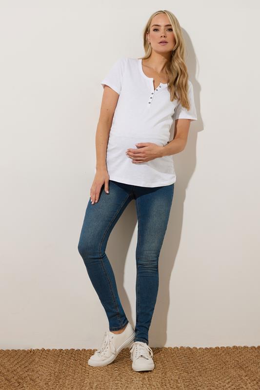 LTS Tall Premium Maternity White Cotton Placket Button T-Shirt | Long Tall Sally 1