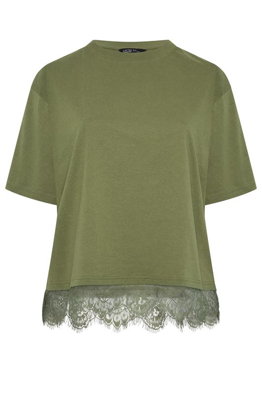 LIMITED COLLECTION Plus Size Khaki Green Oversized Lace Hem T-Shirt | Yours Clothing 5
