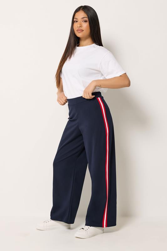  M&Co Petite Navy Blue Side Stripe Wide Leg Trousers