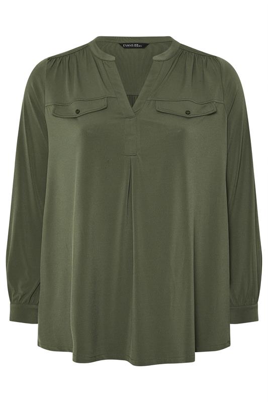 EVANS Plus Size Khaki Green Notch Neck Utility Shirt | Evans 5