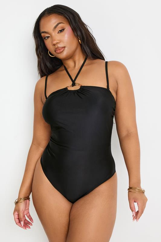 YOURS Plus Size Black Ring Detail Halter Neck Swimsuit | Yours Clothing 2