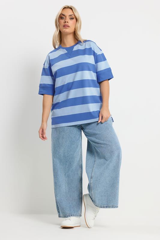 YOURS Plus Size Blue Stripe Heavyweight T-Shirt | Yours Clothing 1