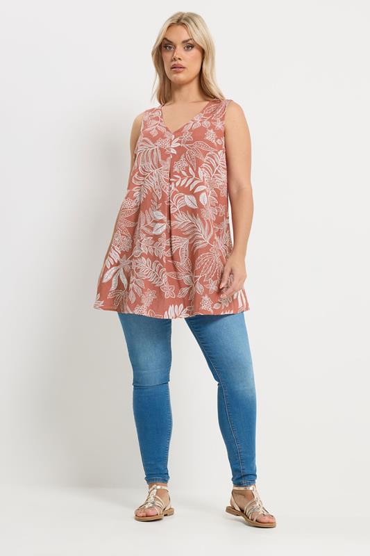 YOURS Plus Size Rust Orange Palm Leaf Linen Vest Top | Yours Clothing 1