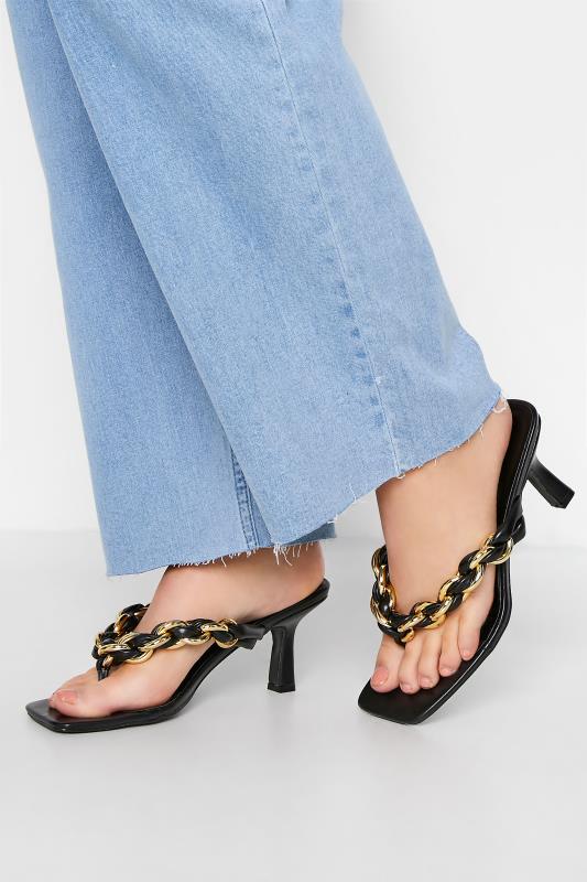 Black Square Toe Post Chain Mules In Standard Fit | Yours Clothing 1