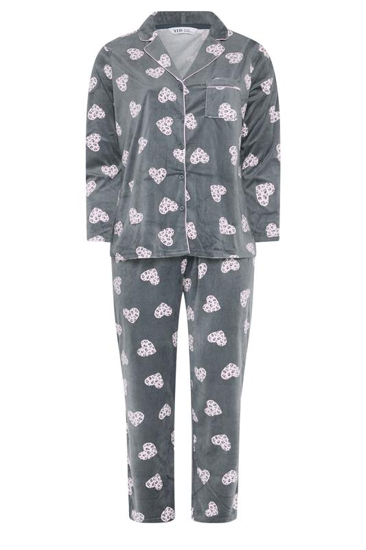 YOURS Plus Size Grey Animal Heart Print Fleece Pyjama Set | Yours Clothing 6