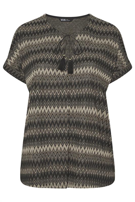 YOURS Plus Size Black Metallic Zig Zag Tie Neck Top | Yours Clothing 7