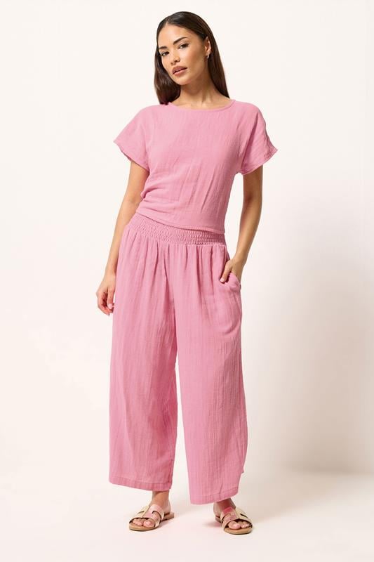 PixieGirl Petite Set Pink Cotton Cheesecloth Top & Cropped Trousers