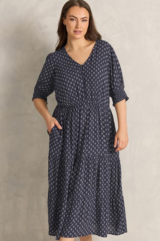 EVANS Plus Size Navy Blue Dobby Tiered Maxi Dress | Evans 1