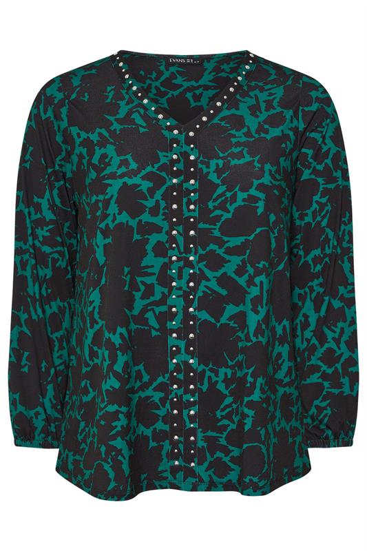 EVANS Plus Size Green Abstract Floral Stud Detail Top | Evans 5