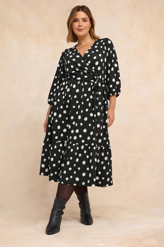 EVANS Plus Size Black Polka Dot Jersey Wrap Dress | Evans 1