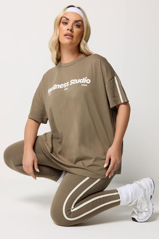 YOURS ACTIVE Curve Brown Side Stripe Leggings